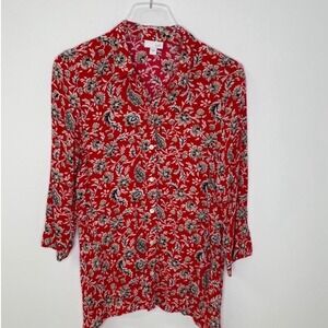 J. Jill Red Floral Paisley‎ Button Down 3/4 Sleeve Blouse Womens Small